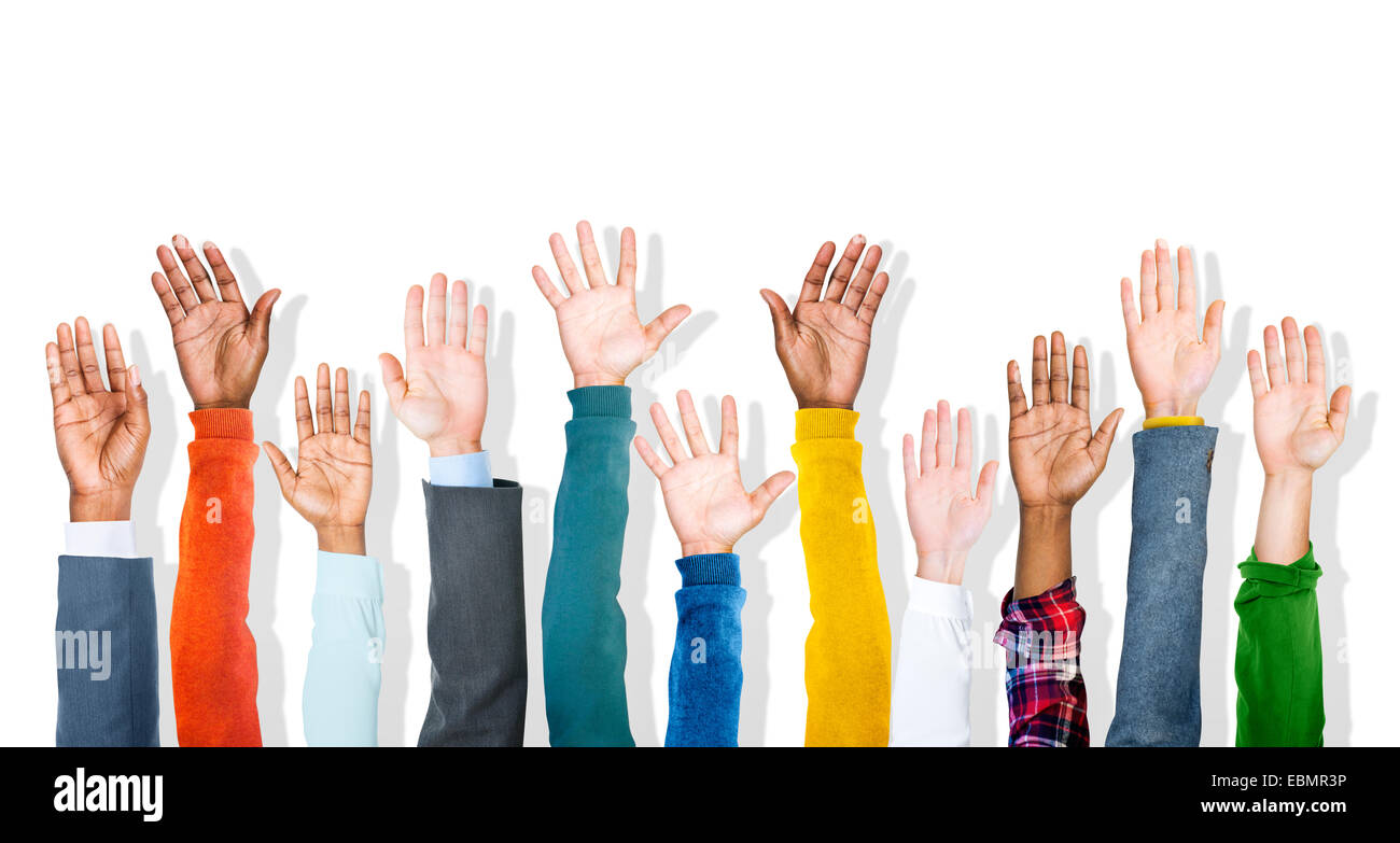 Group of Diverse Multiethnic Colorful Hands Raised Stock Photo - Alamy