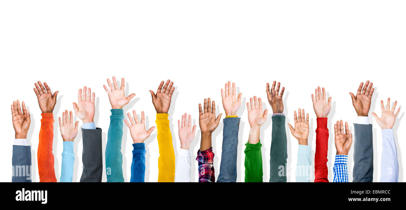 Group of Diverse Colorful Hands Raised Stock Photo
