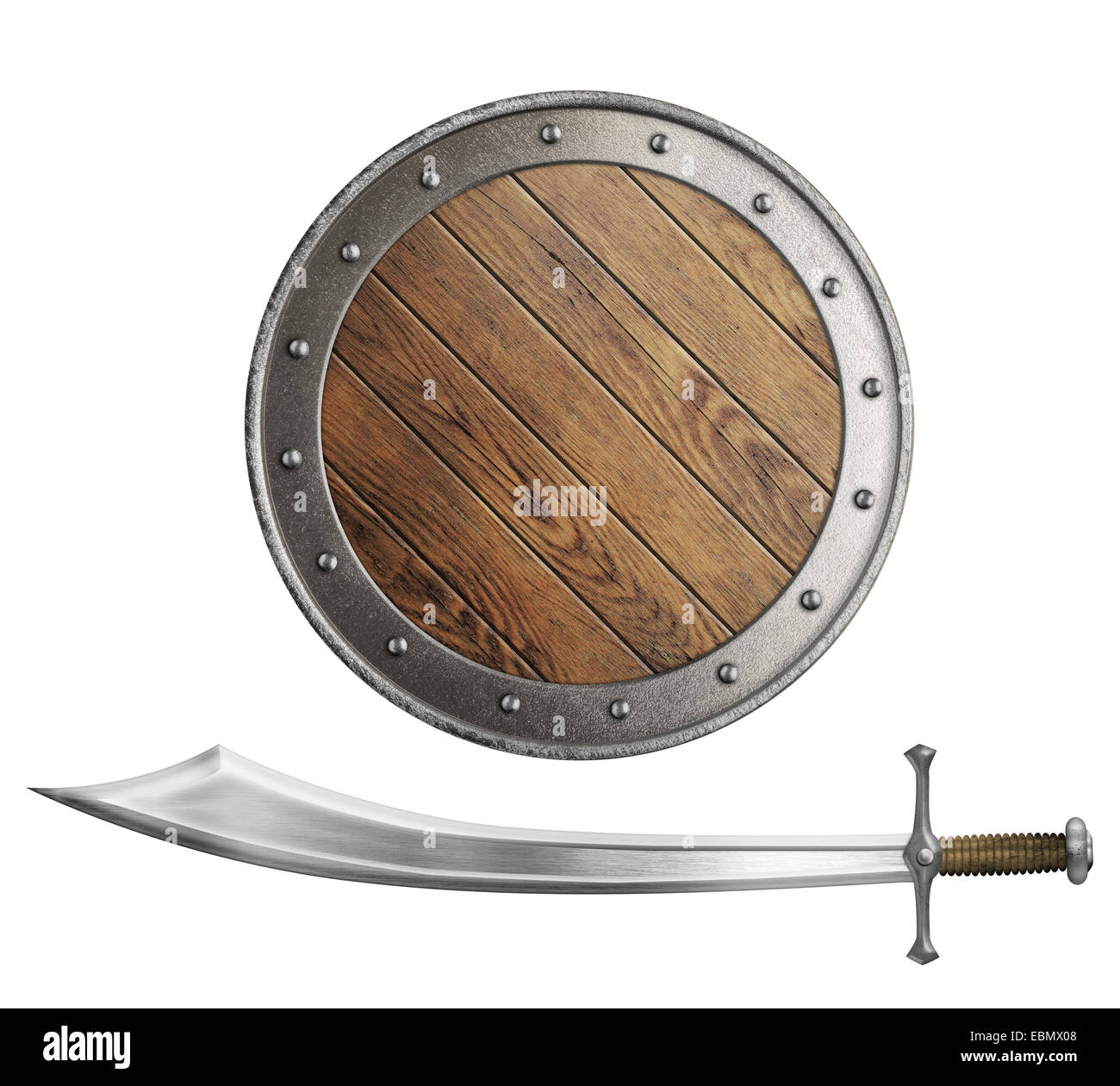 medieval wooden shield and sword or saber isolated Stock Photo