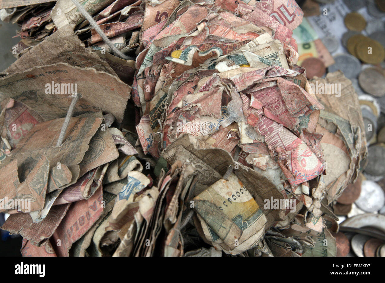 Dhaka .Bangladeshi  old, dirty and unusable bills at Gulistan area in dhaka. Customers can buy/exchange their old bills from them in return of new notes. Stock Photo