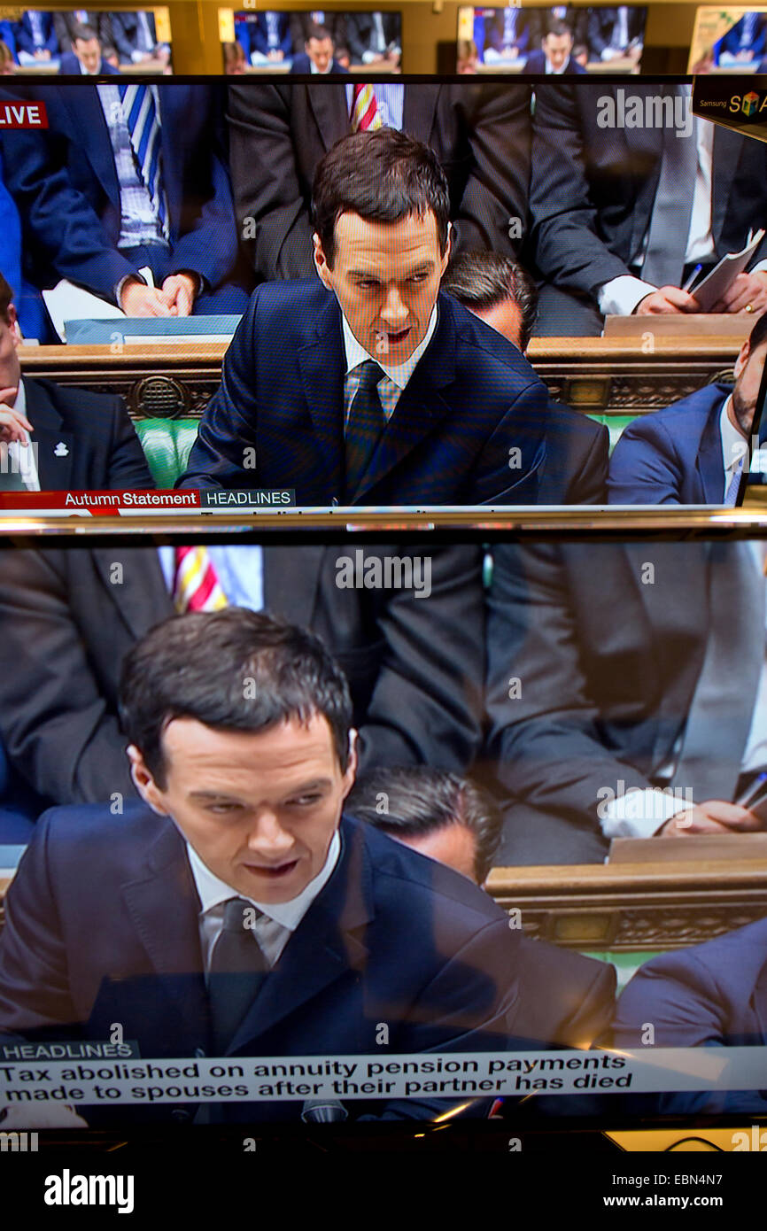 London, UK. 3rd December, 2014. Picture shows George Osborne, Chancellor of the Exchequer deleivering his Autumn Statement to the House of Commons shown on multiple televisions in a central London department store. Picture shows George Osborne, Chancellor of the Exchequer deleivering his Autumn Statement to the House of Commons shown on multiple televisions in a central London department store. Credit:  Clickpics/Alamy Live News Stock Photo