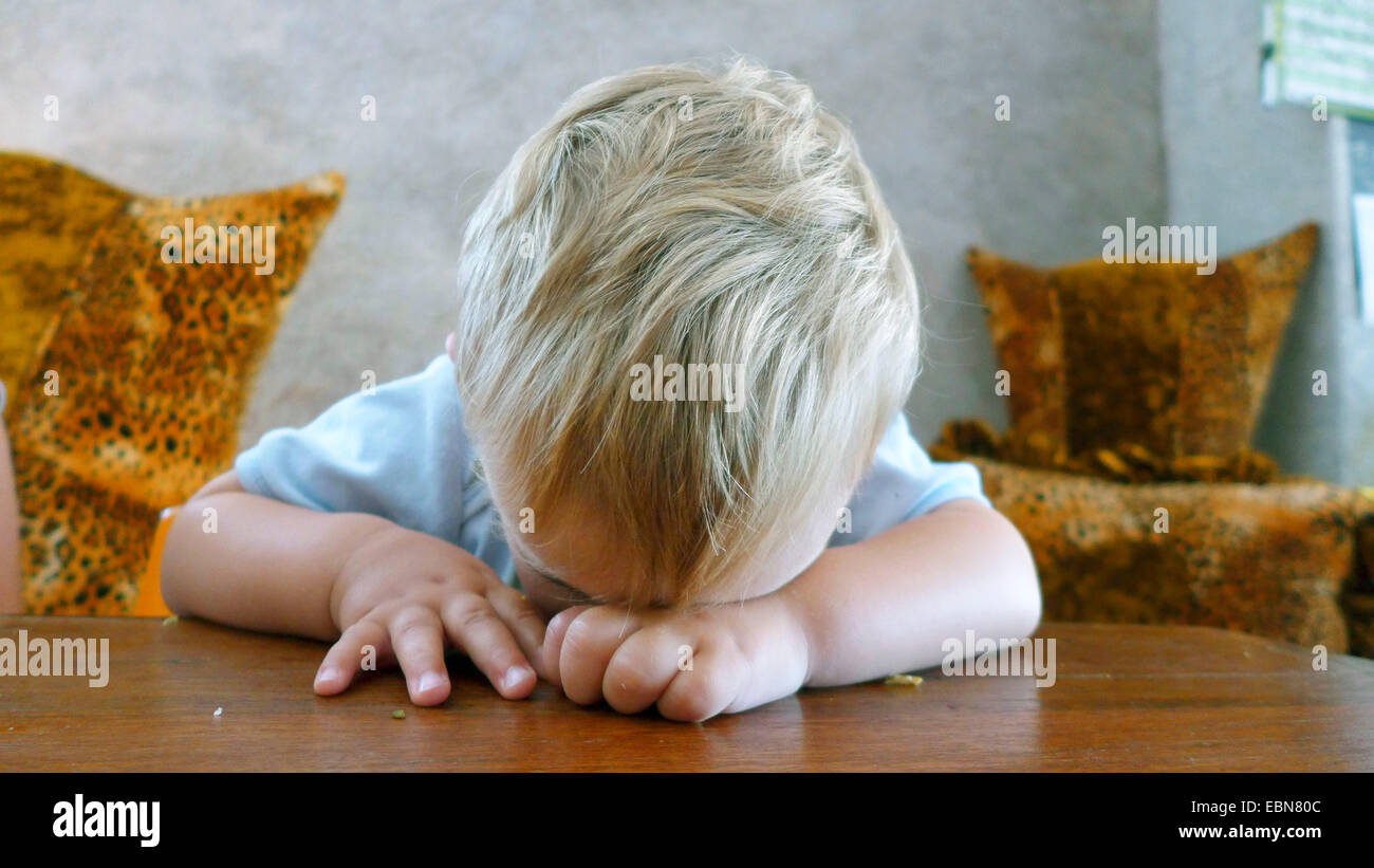 little boy with blond hair falling asleep at a desk Stock Photo