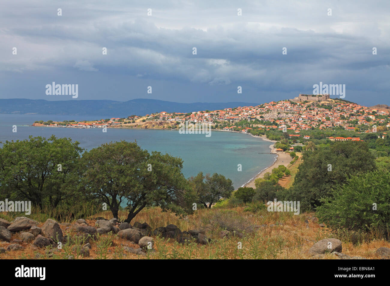 view at Molyvos while rain clouds are gathering, Greece, Lesbos Stock Photo