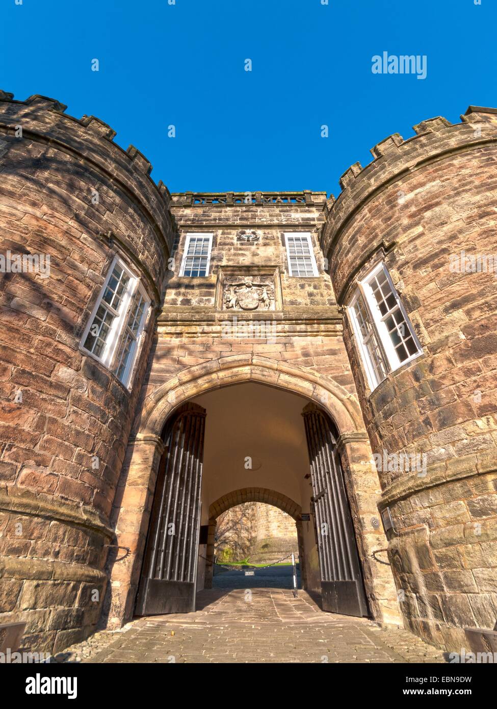 Skipton Castle under a bright blue sky, Skipton North Yorkshire, UK