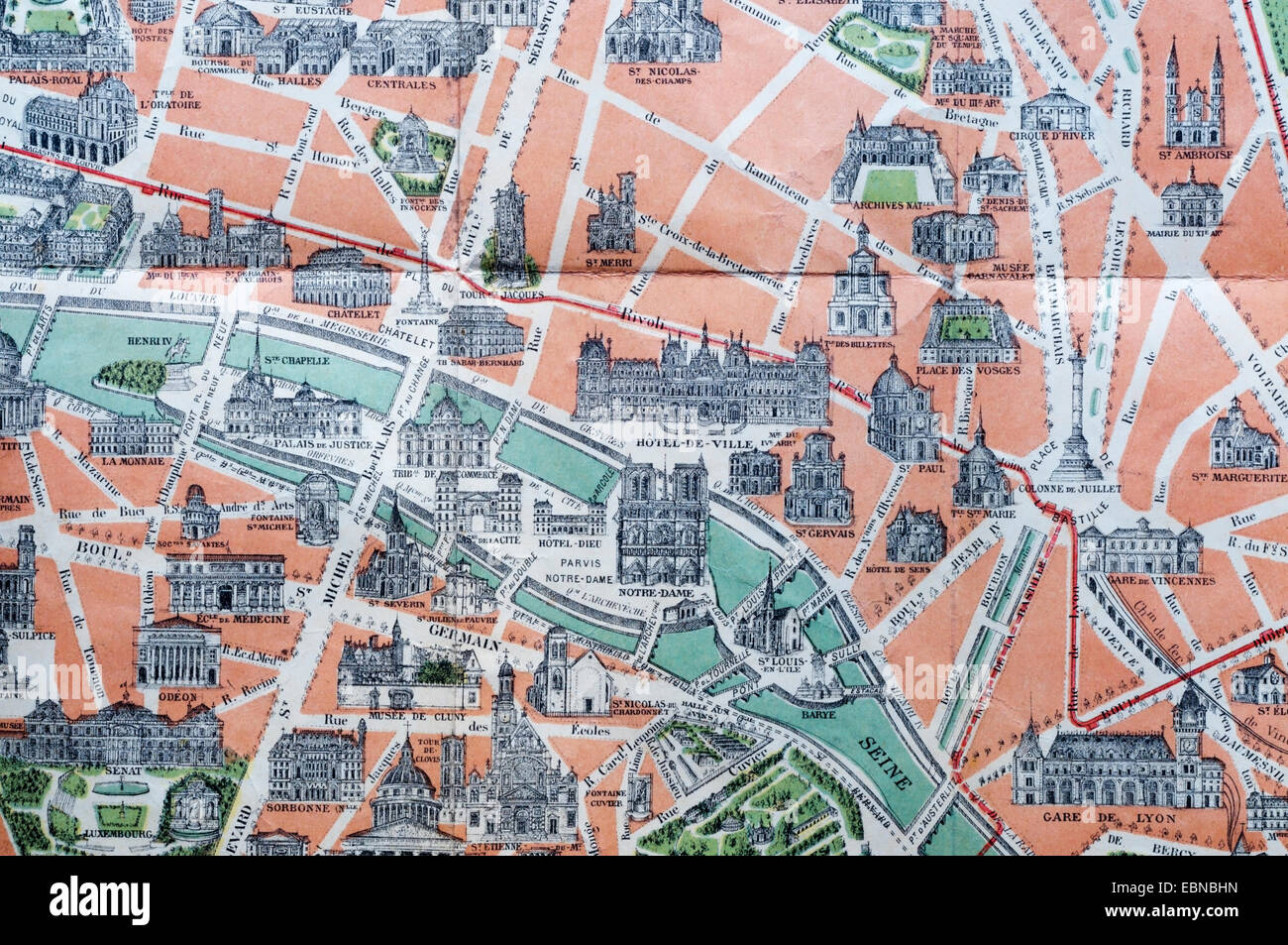 Detail from 1916 'Nouveau Paris Monumental' map of Paris showing the tourist sights. Stock Photo