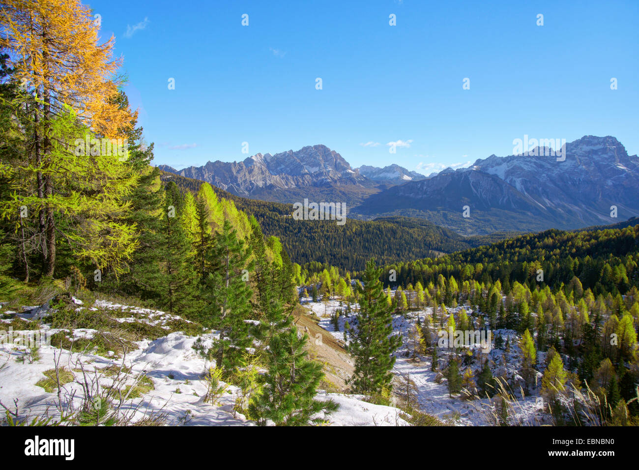 scenery of the Dolomite Alps in autumn, view onto the Pomagagnon group on the lest and on the Sorapiss group on the right, Germany, South Tyrol, Dolomiten Stock Photo