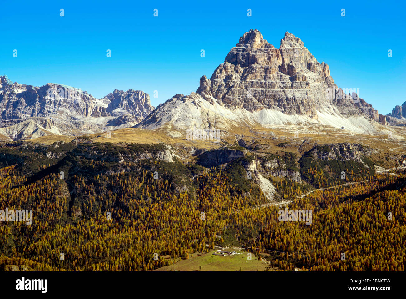clear blue sky over Tre Cime di Lavaredo group, Rif Auronzo, Italy, South Tyrol, Dolomiten Stock Photo