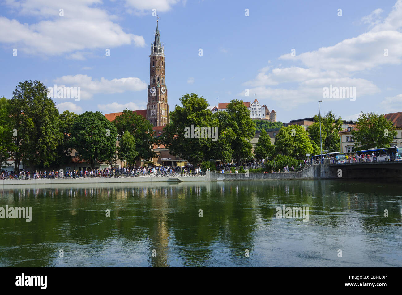 Landshut at the River Isar with church of St. Martin and Trausnitz Castle, Germany, Bavaria, Niederbayern, Lower Bavaria Stock Photo