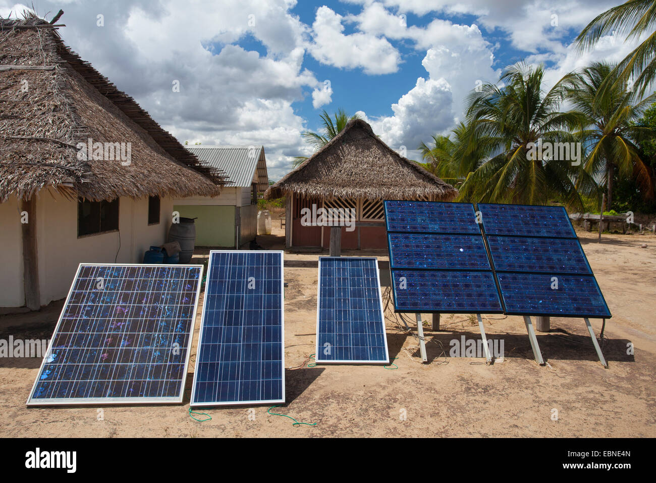 SOLAR PANELS, Rupunau (Wapishana Indian village), south Rupununi, Guyana, South America. Stock Photo