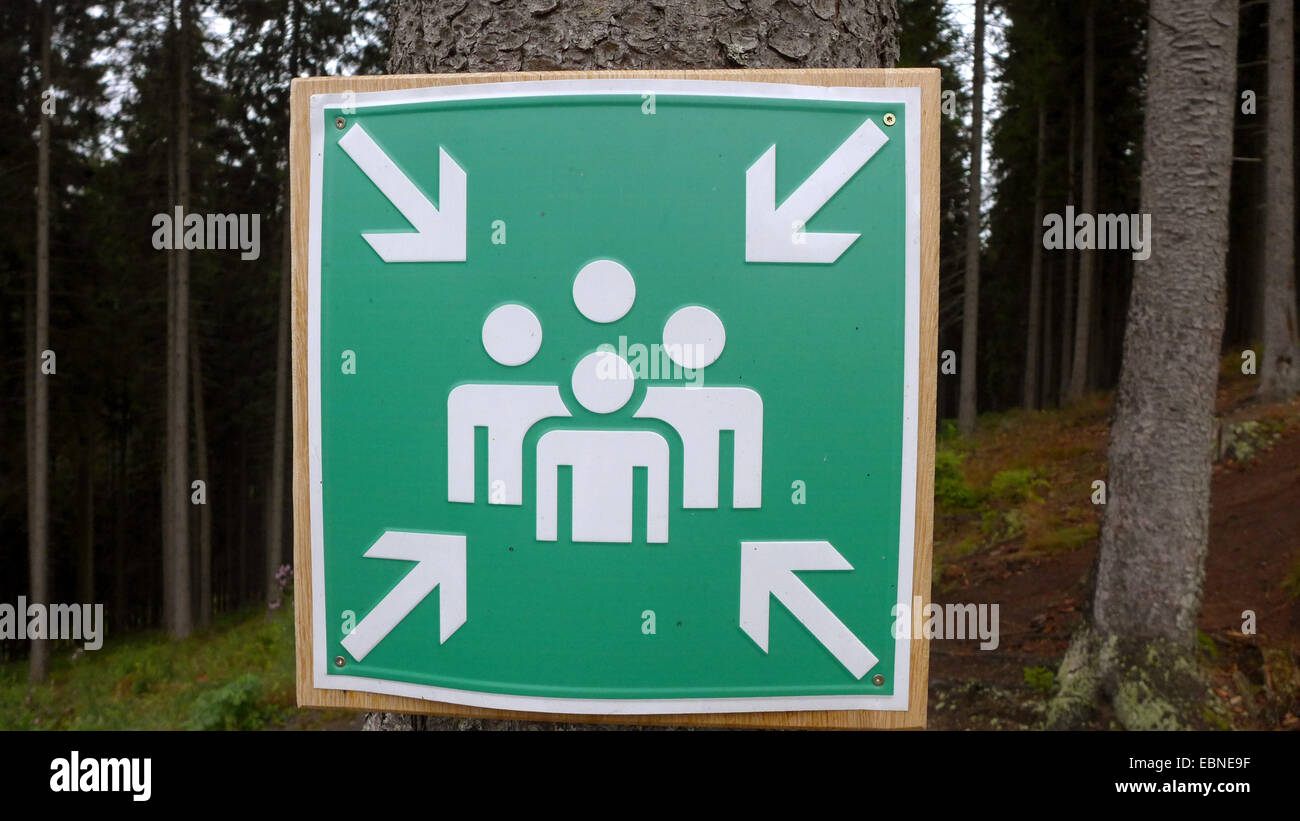 meeting point sign in a forest, Germany, North Rhine-Westphalia, Siegerland Stock Photo