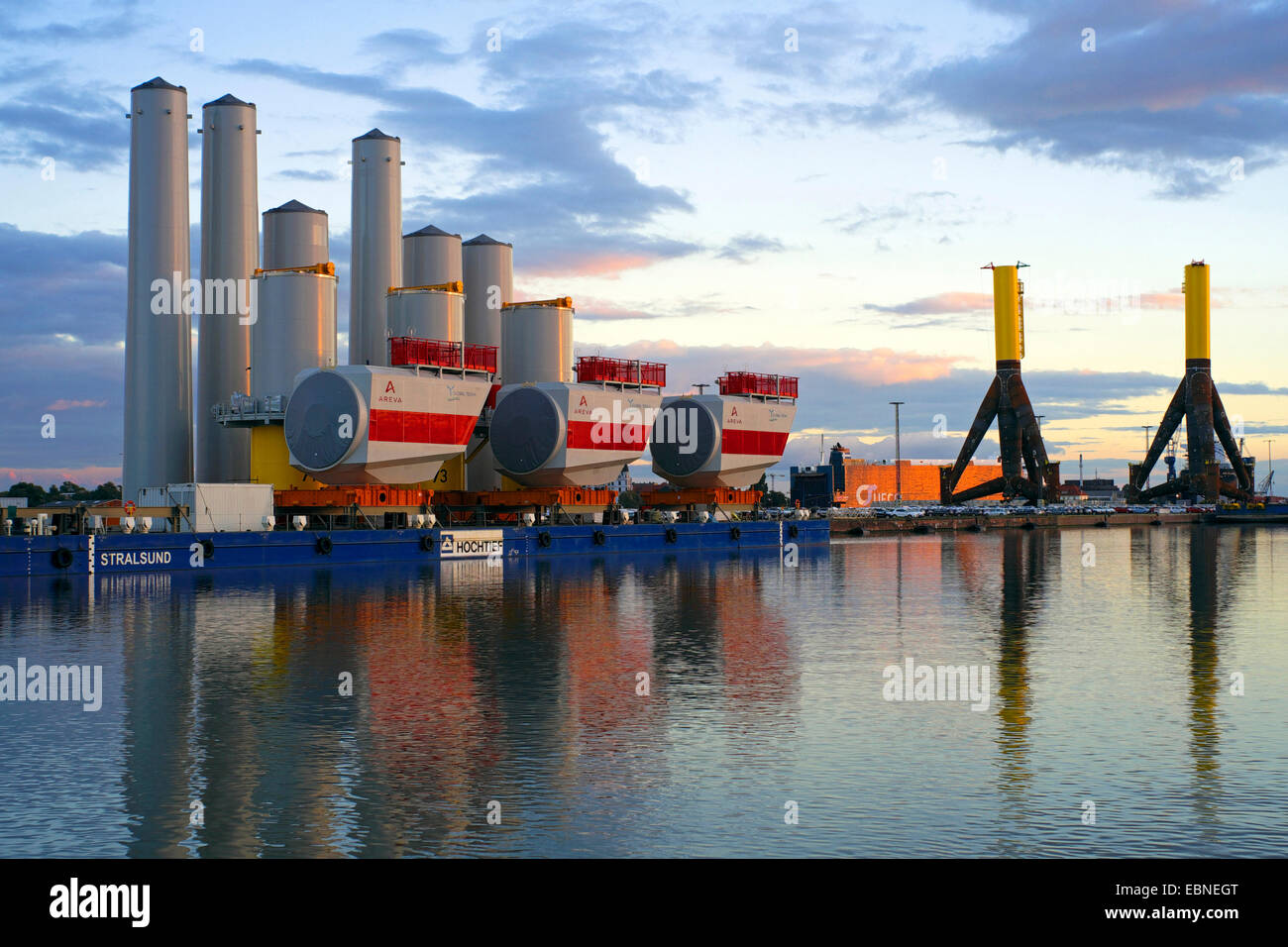 components for offshore wind farms in harbour Kaiserhafen, Germany, Bremerhaven Stock Photo