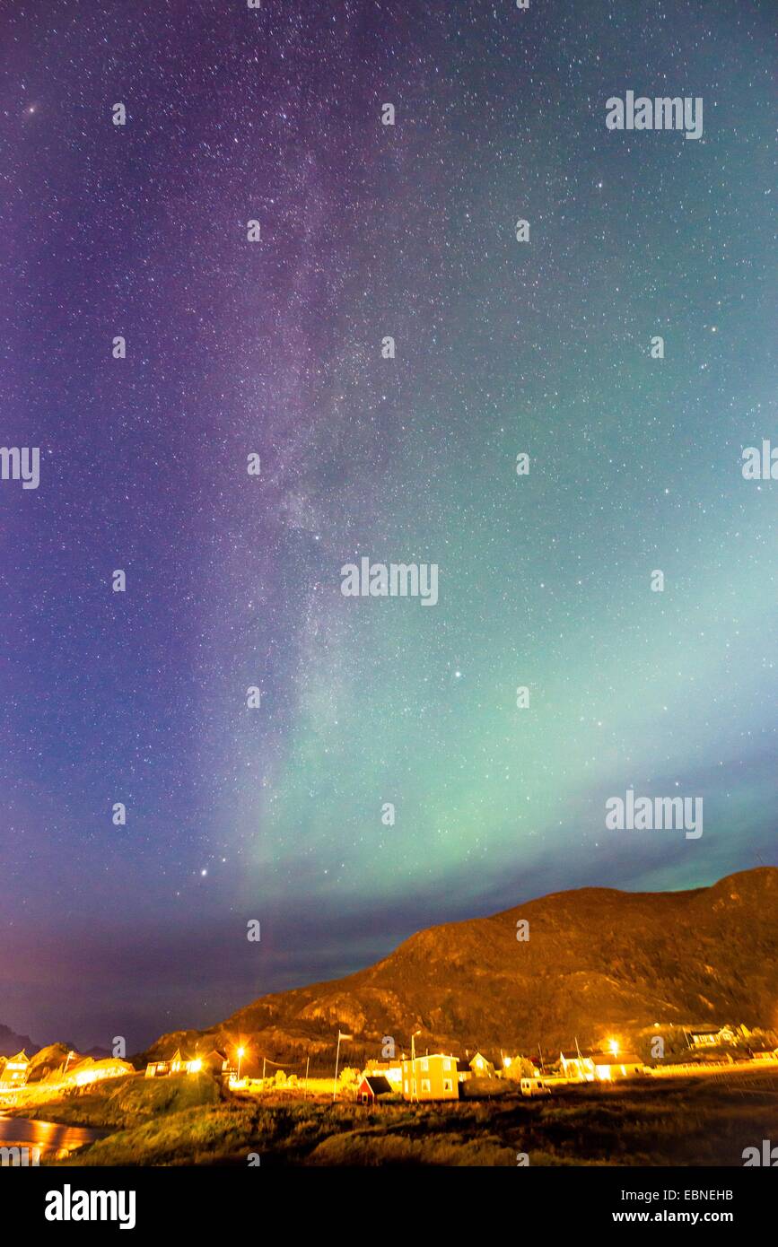 Northern Lights and milky way, Norway, Troms, Hillesoeya Stock Photo