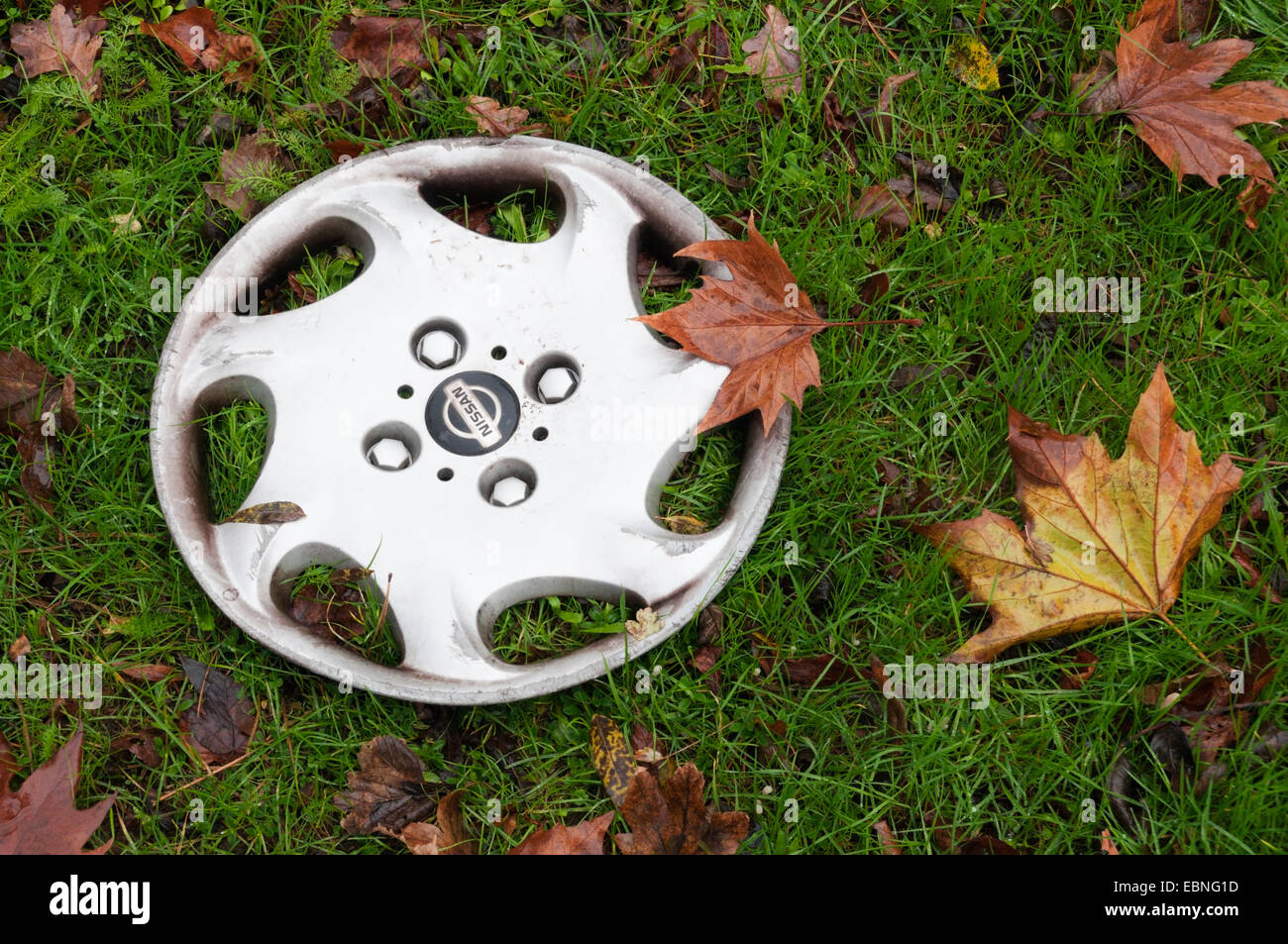 A lost hubcap lying on a roadside verge. Stock Photo