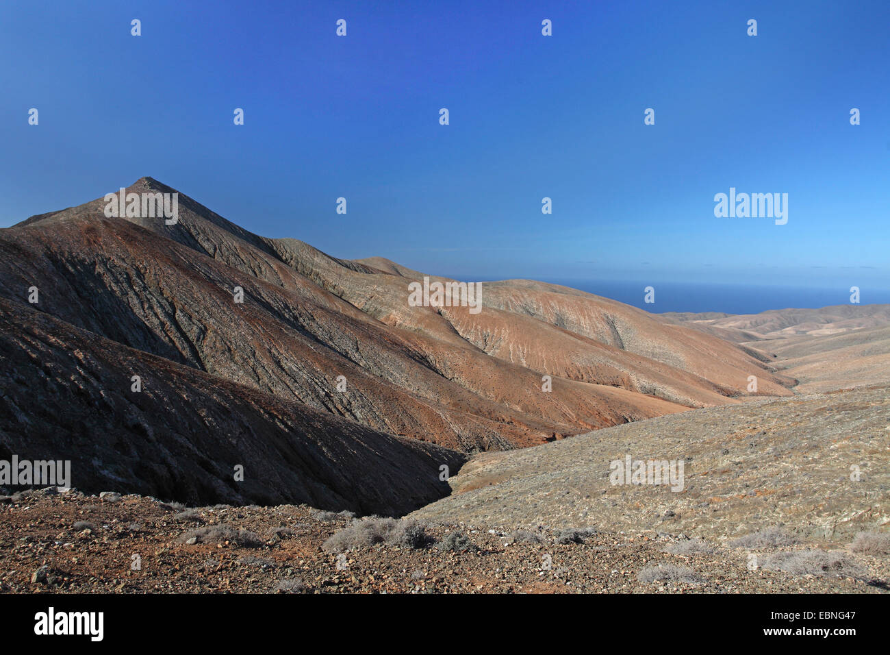 mountainous region near Betancuria, viewpoint at Vega de Rio de las Palmas, Canary Islands, Fuerteventura Stock Photo