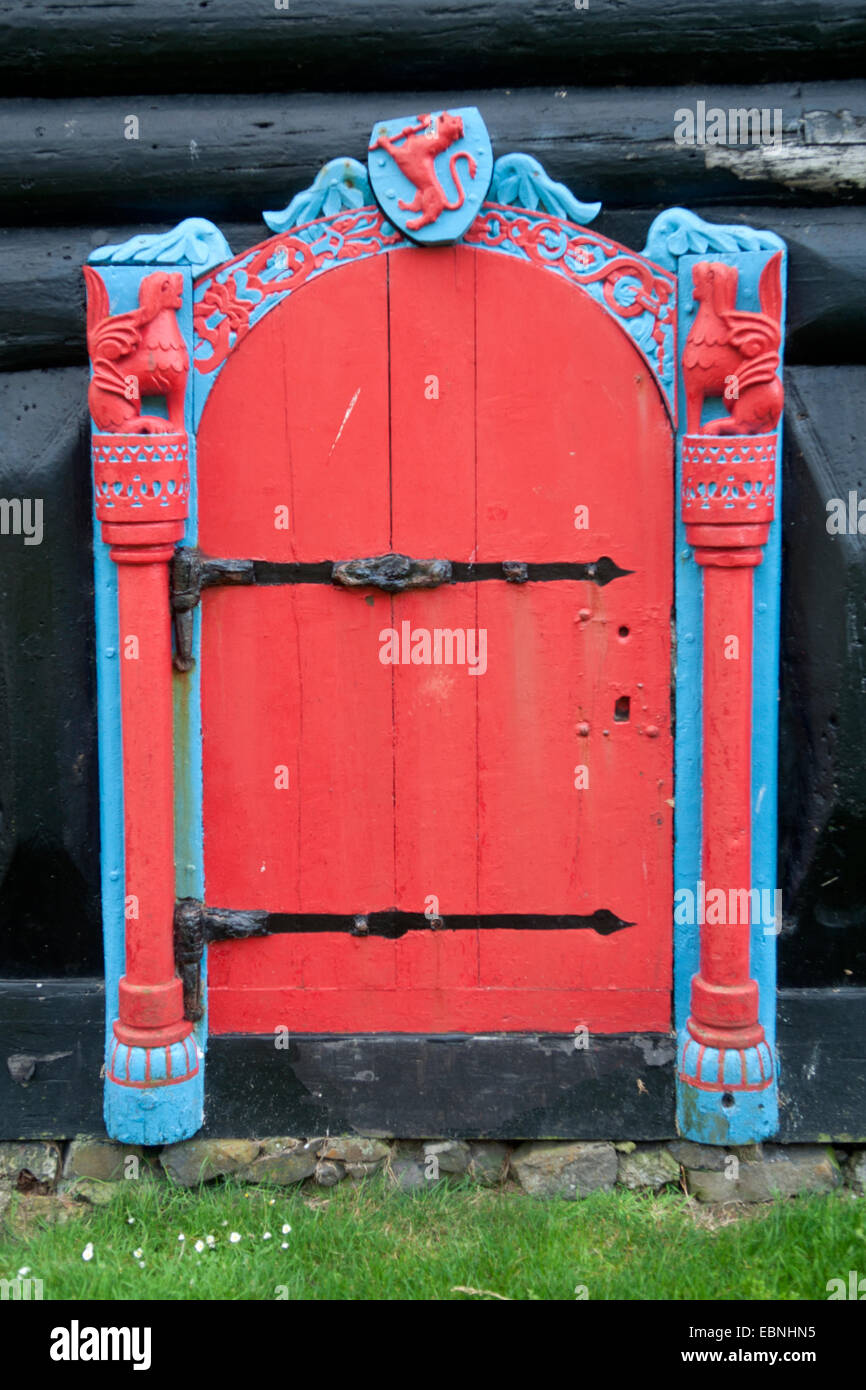 Red-painted door of Roykstovan farmhouse in Kirkjubour, Streymoy Island Faroe Islands Stock Photo
