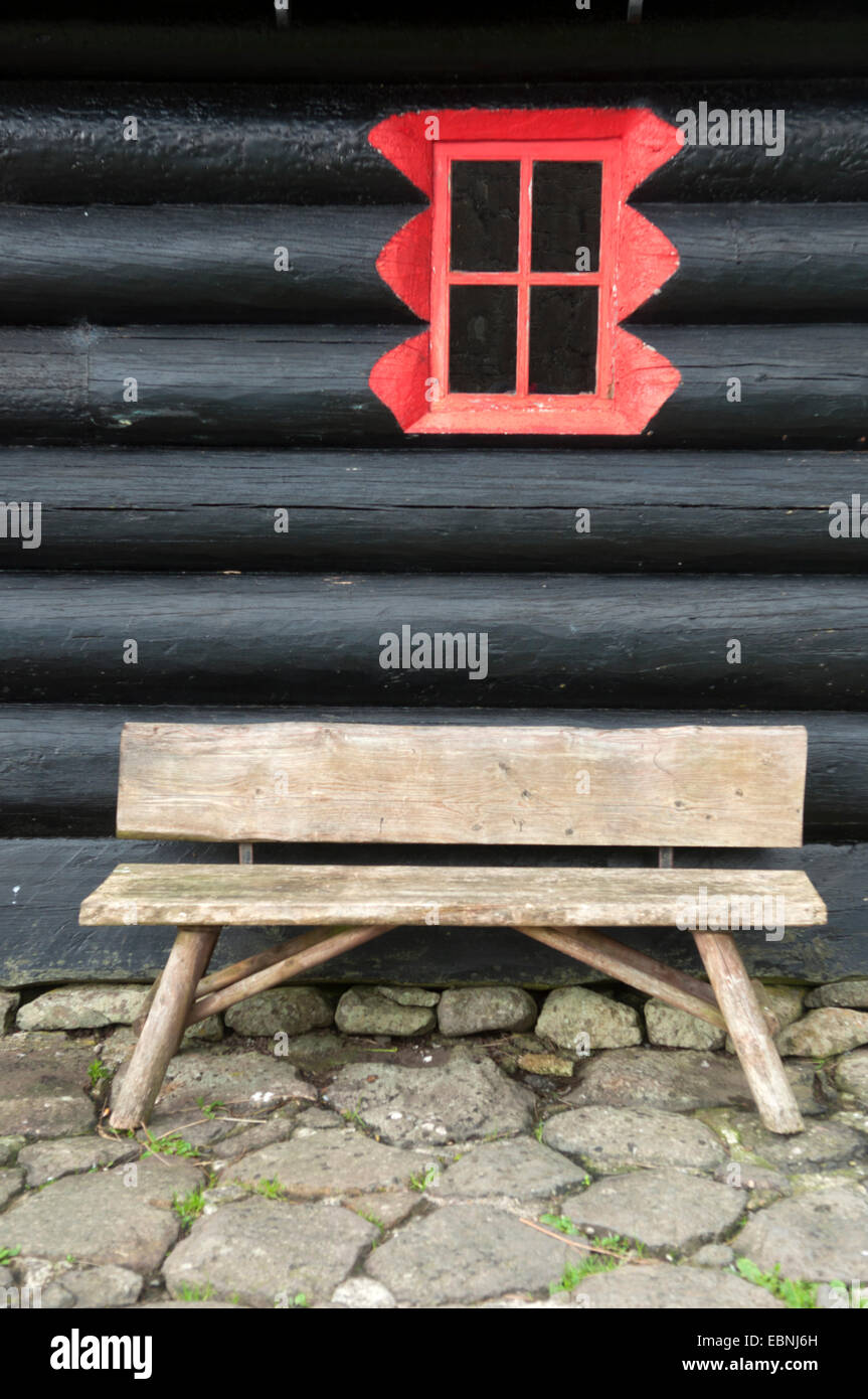 A wooden bench in front of Roykstovan farmhouse in Kirkjubour, Streymoy Island Faroe Islands Stock Photo