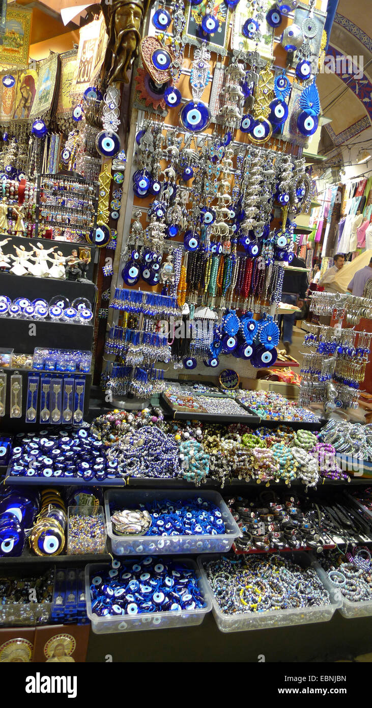 Grand Bazaar, sale of Nazar amulets, Nazar Boncuk, Turkey, Istanbul, Eminoenue, Beyazit Stock Photo