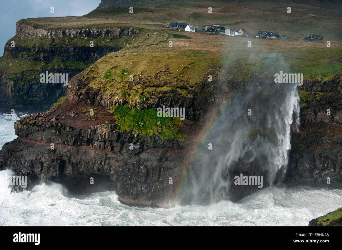 Mulafossur waterfall in a windy day, Gasadalur Village, Vagar Islands, Faroe Islands Stock Photo