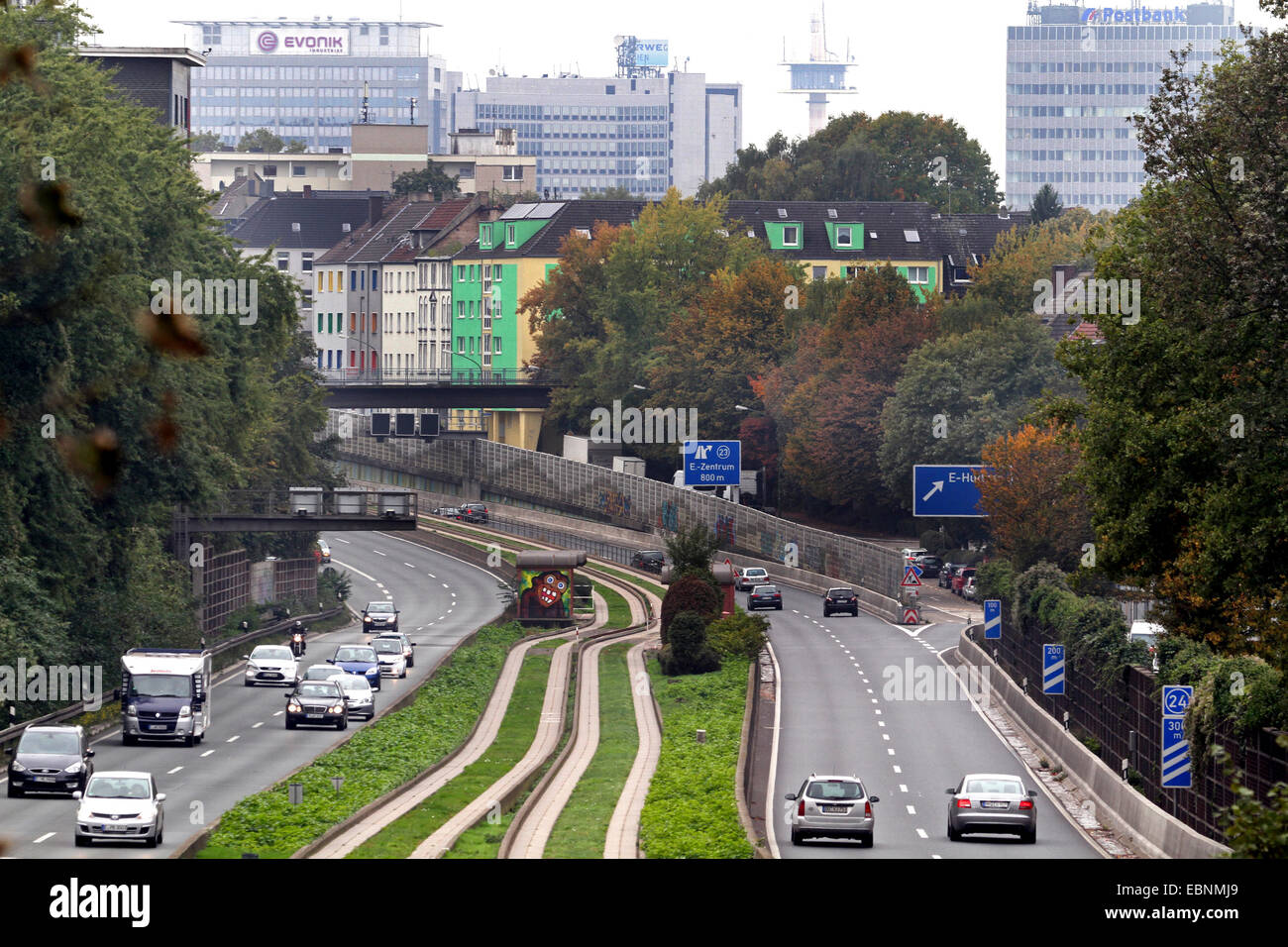 view over the city highway A 40 close to the Essen city centre, Germany, North Rhine-Westphalia, Ruhr Area, Essen Stock Photo