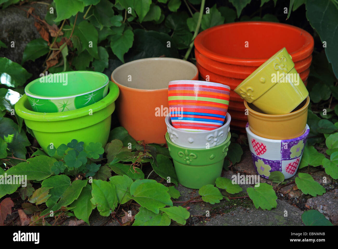colourful flowerpots in the garden Stock Photo