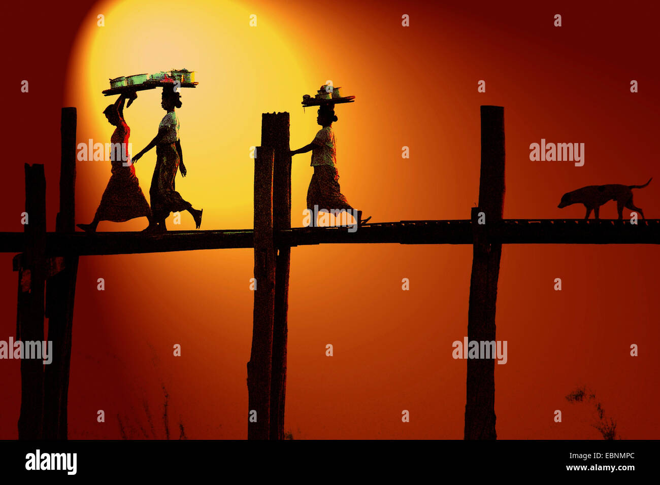 women walking over a wooden bridge in Myanmar, backlight, Burma Stock ...