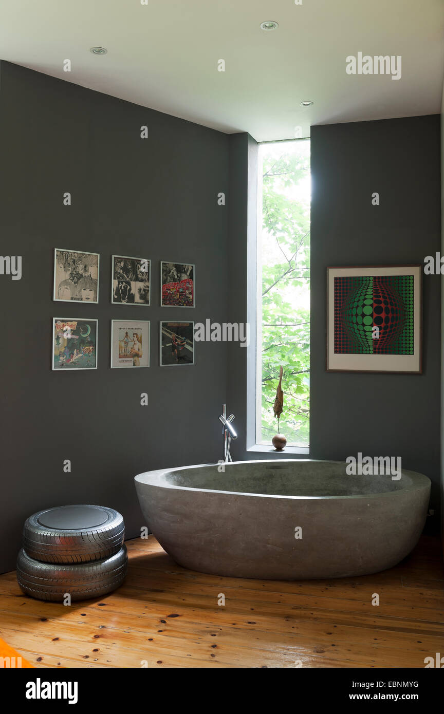 Large Concrete Bath In Grey Room With Crittal Windows The
