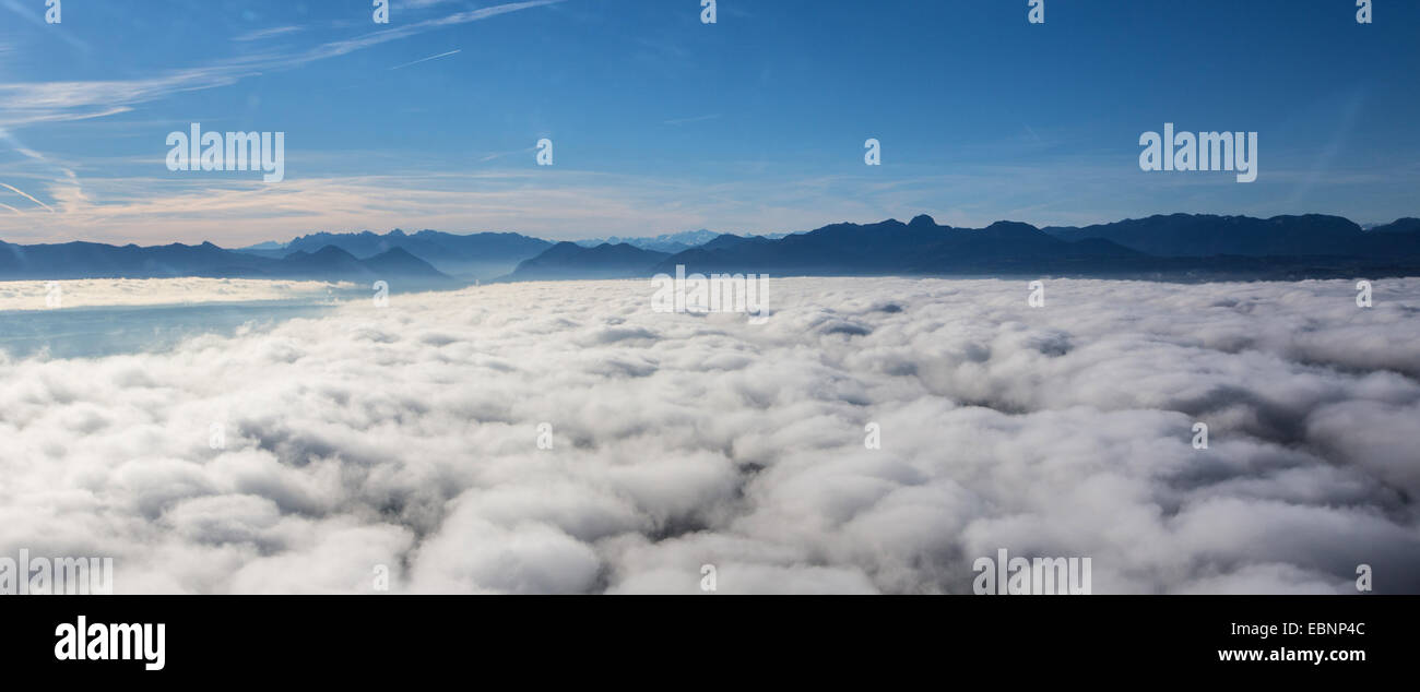 aerial view to low stratus, the Alps with Inntal valley and Wendelstein in background, Germany, Bavaria Stock Photo
