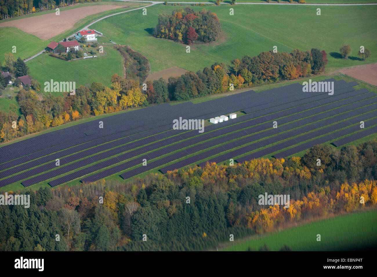 aerial view to photovoltaic systems in field landscape, Germany, Bavaria Stock Photo