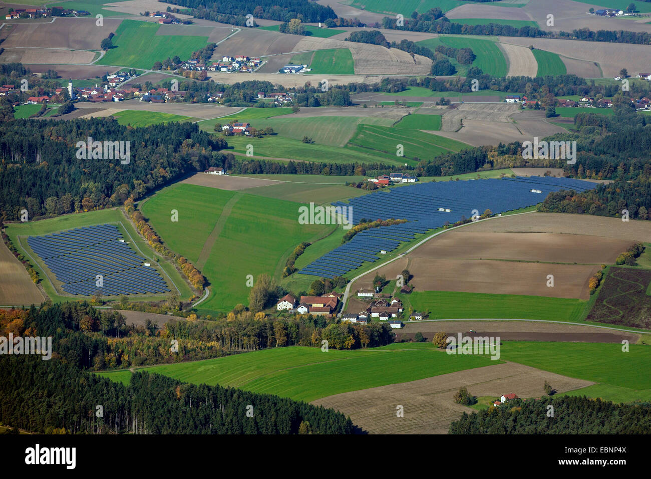aerial view to photovoltaic systems in field landscape, Germany, Bavaria Stock Photo