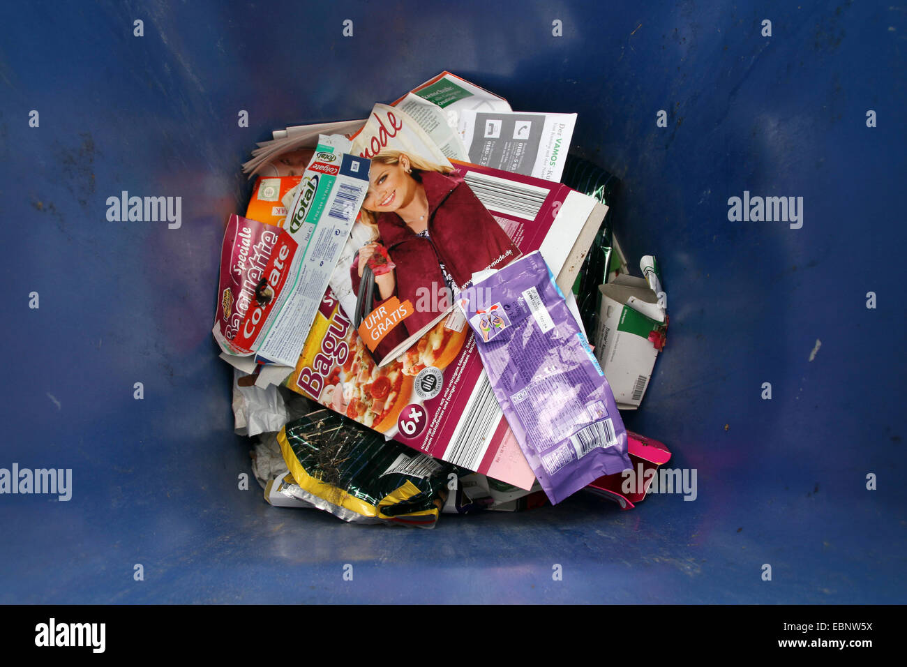 view into a recycling container for paper, Germany Stock Photo