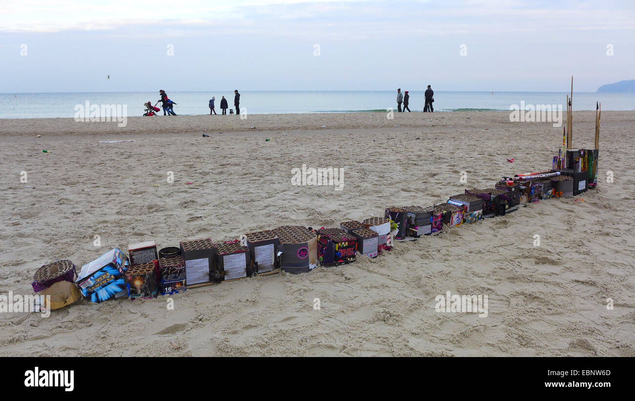 lined up Sylvester trash at the New Year's Day on the beach, Germany, Mecklenburg-Western Pomerania, Ruegen Stock Photo