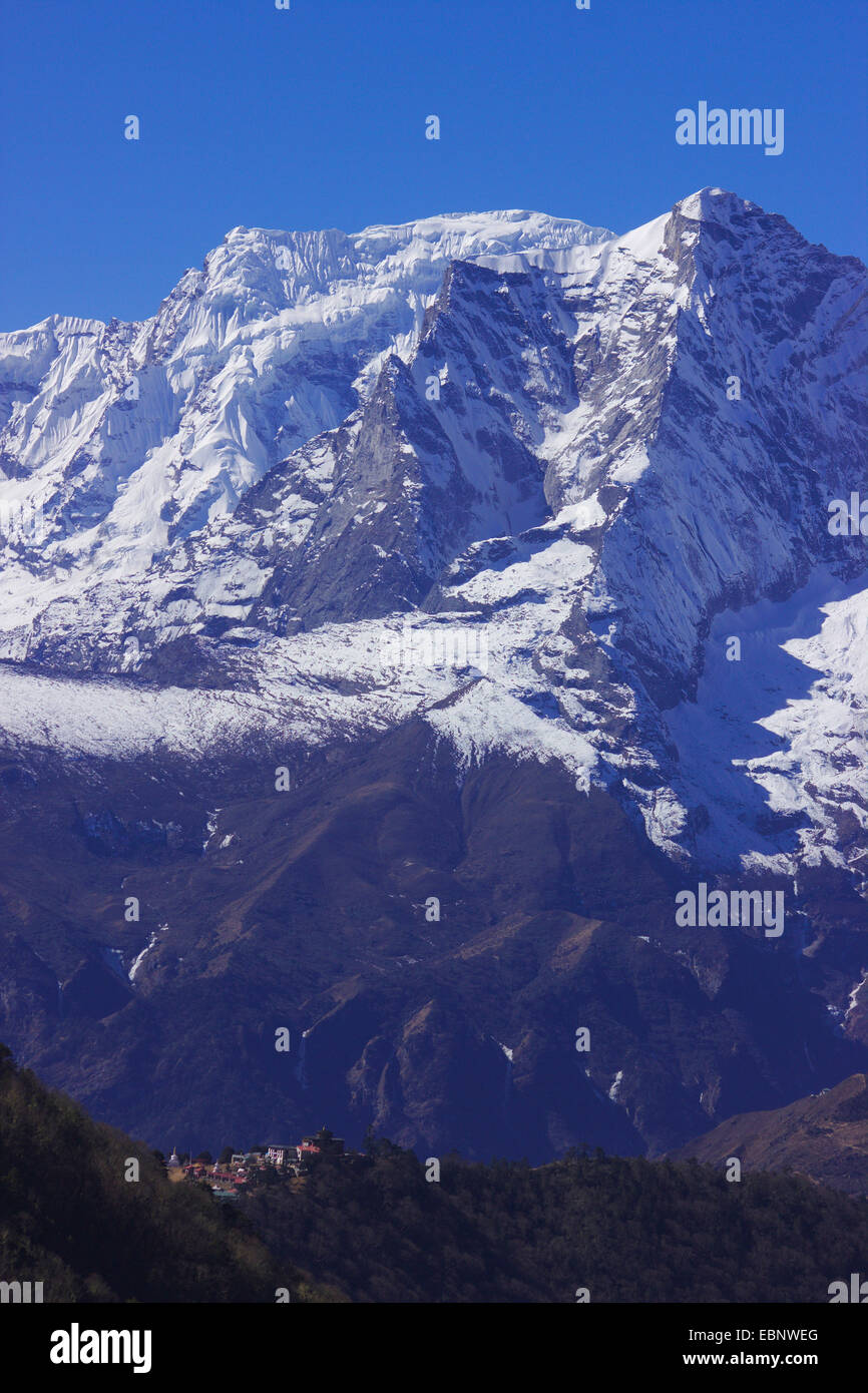view from Pangboche to Tengboche Monastery and Nupla, Nepal, Himalaya, Khumbu Himal Stock Photo