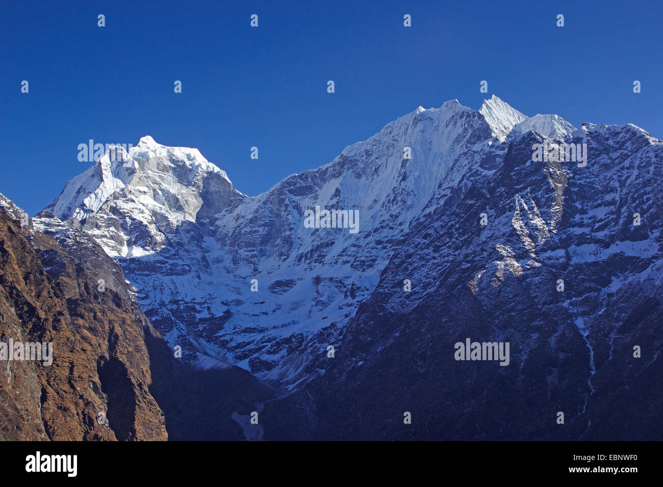 view from Tengboche monastery to Kangtega and Thamserku, Nepal, Himalaya, Khumbu Himal Stock Photo