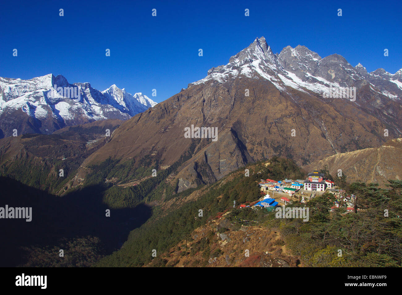 Tengboche Monastery in mountain scenery, Nepal, Himalaya, Khumbu Himal Stock Photo