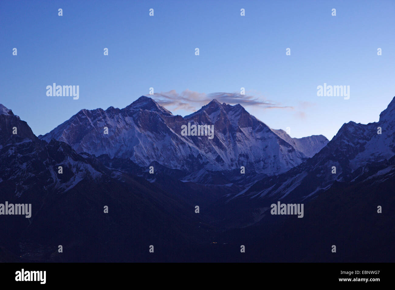 dawn with Nuptse, Everest, Lhotse, Ama Dablam, Nepal, Khumbu Himal Stock Photo