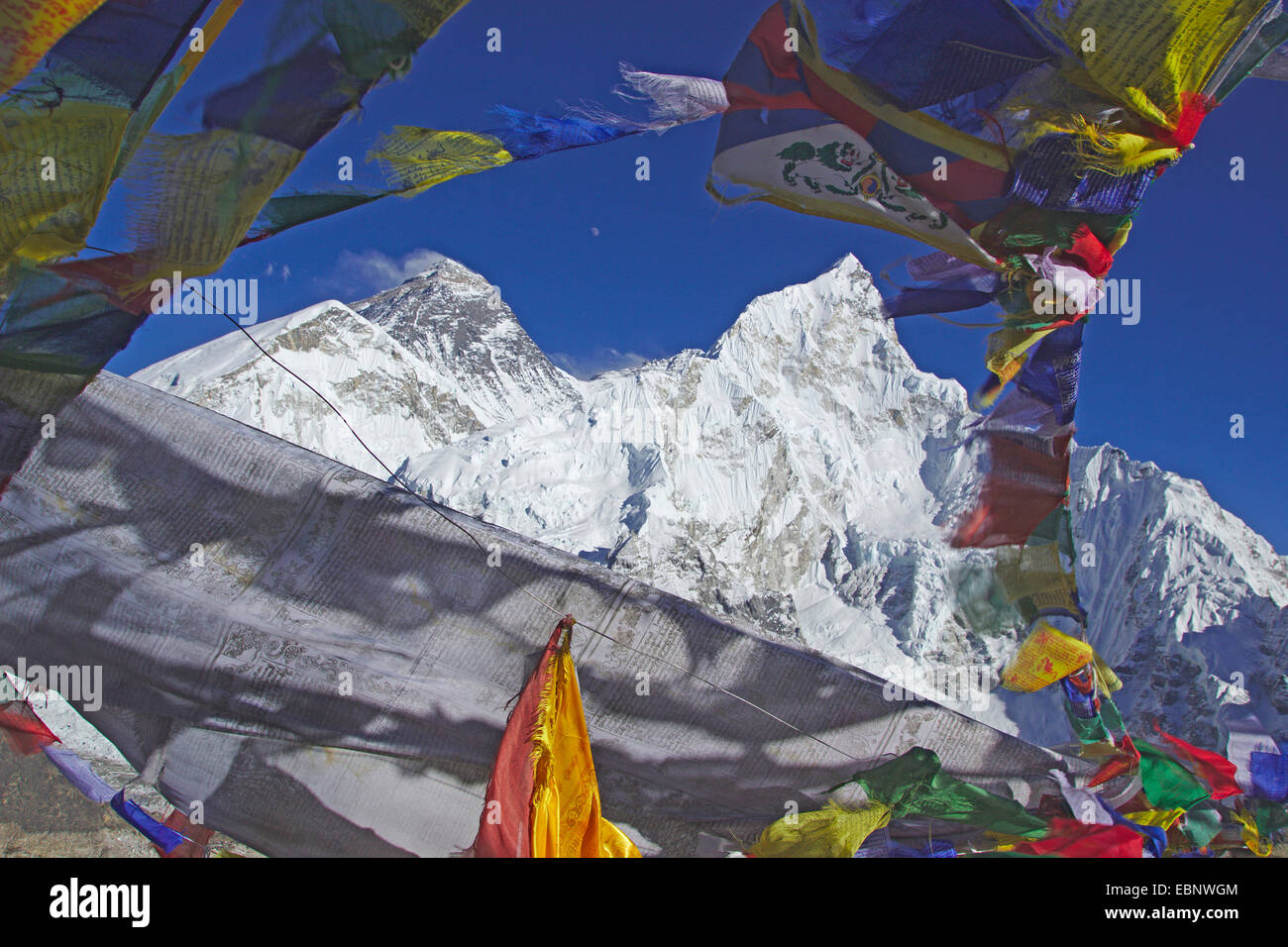 Everest and Nuptse. Prayer flags. View from Kala Patthar, Nepal, Himalaya, Khumbu Himal Stock Photo