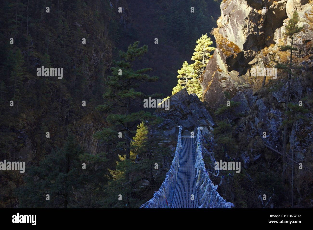 suspension bridge below Namche Bazaar (the only way to reach the village), Nepal, Himalaya, Khumbu Himal Stock Photo