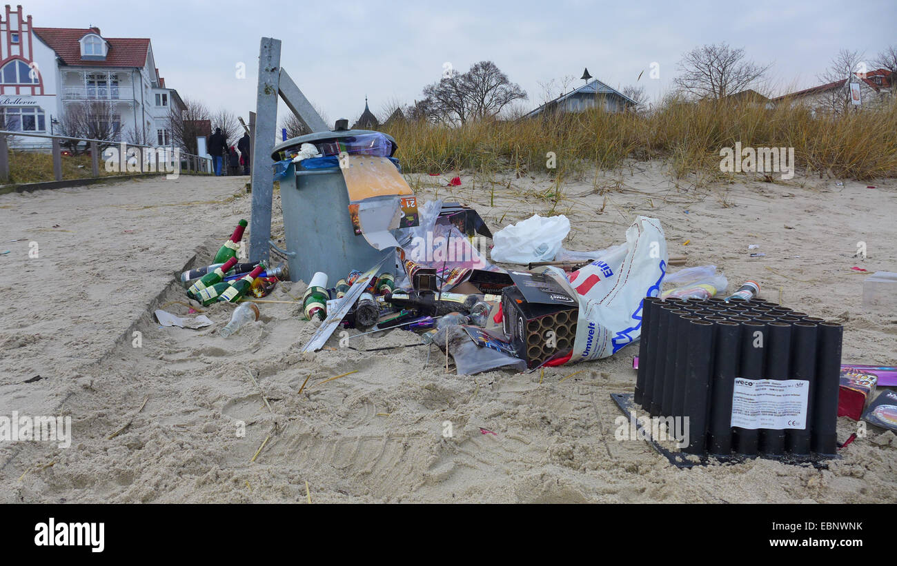 New Year's Eve trash on the beach , Germany, Mecklenburg-Western Pomerania, Ruegen Stock Photo