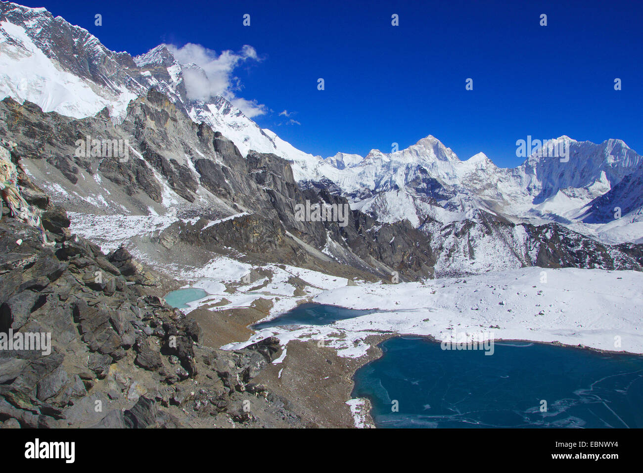 view from Kongma La to Nuptse, Lhotse, Makalu and Baruntse, Nepal, Himalaya, Khumbu Himal Stock Photo