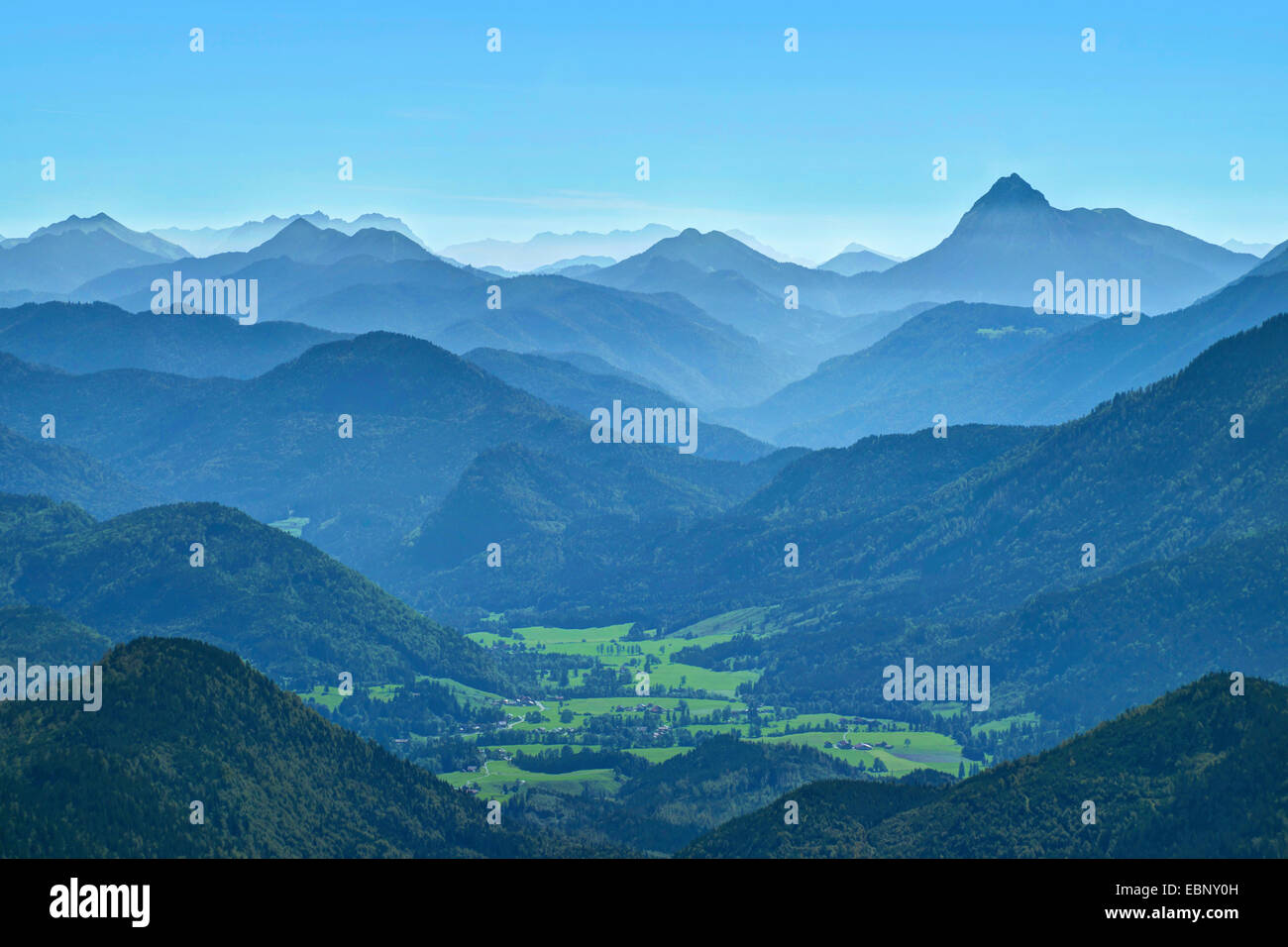 view from Jochberg to Karwendel and Wetterstein mountain group, Germany, Bavaria, Oberbayern, Upper Bavaria, Walchenseegebiet Stock Photo