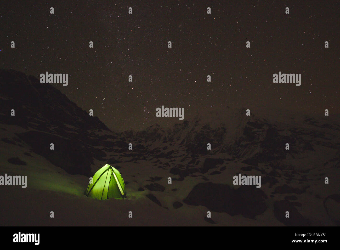 stars over a tent of Morimoto Basecamp, Nepal, Langtang Himal Stock Photo