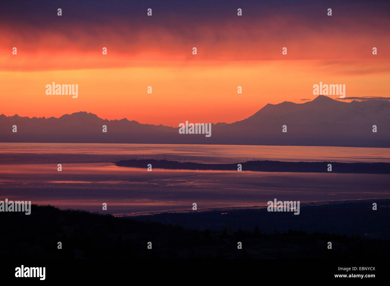 view from the Chugach State Park onto Cook Inlet and the Alaska Range, USA, Alaska, Chugach State Park Stock Photo