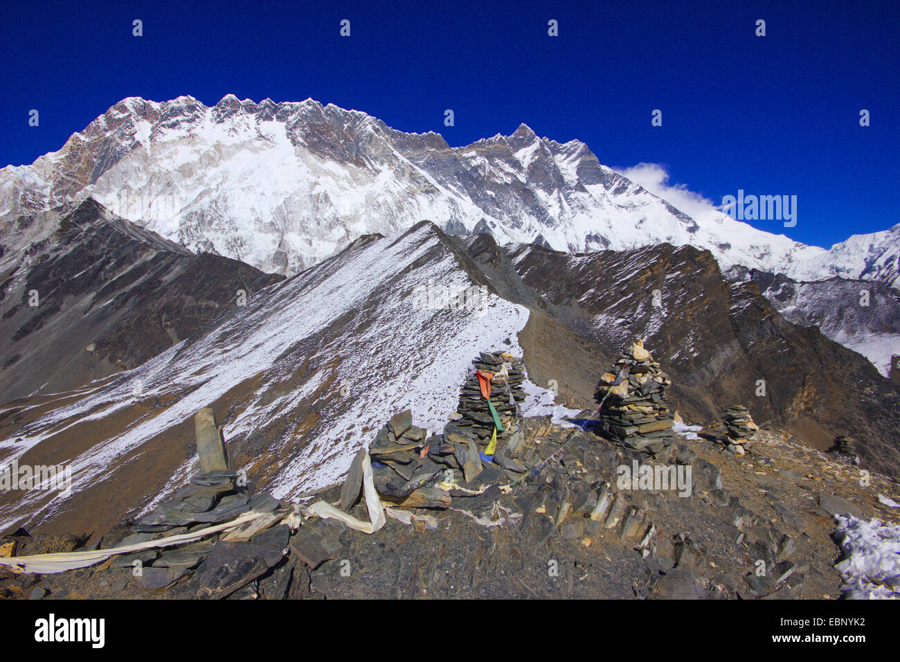 view from pre-summit of Chhukhung Ri to Nuptse and Lhotse, Nepal, Himalaya, Khumbu Himal Stock Photo