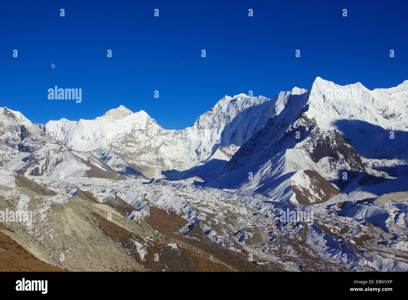 moon above Makalu, Baruntse between Chhukhung and Kongma La, Nepal, Himalaya, Khumbu Himal Stock Photo