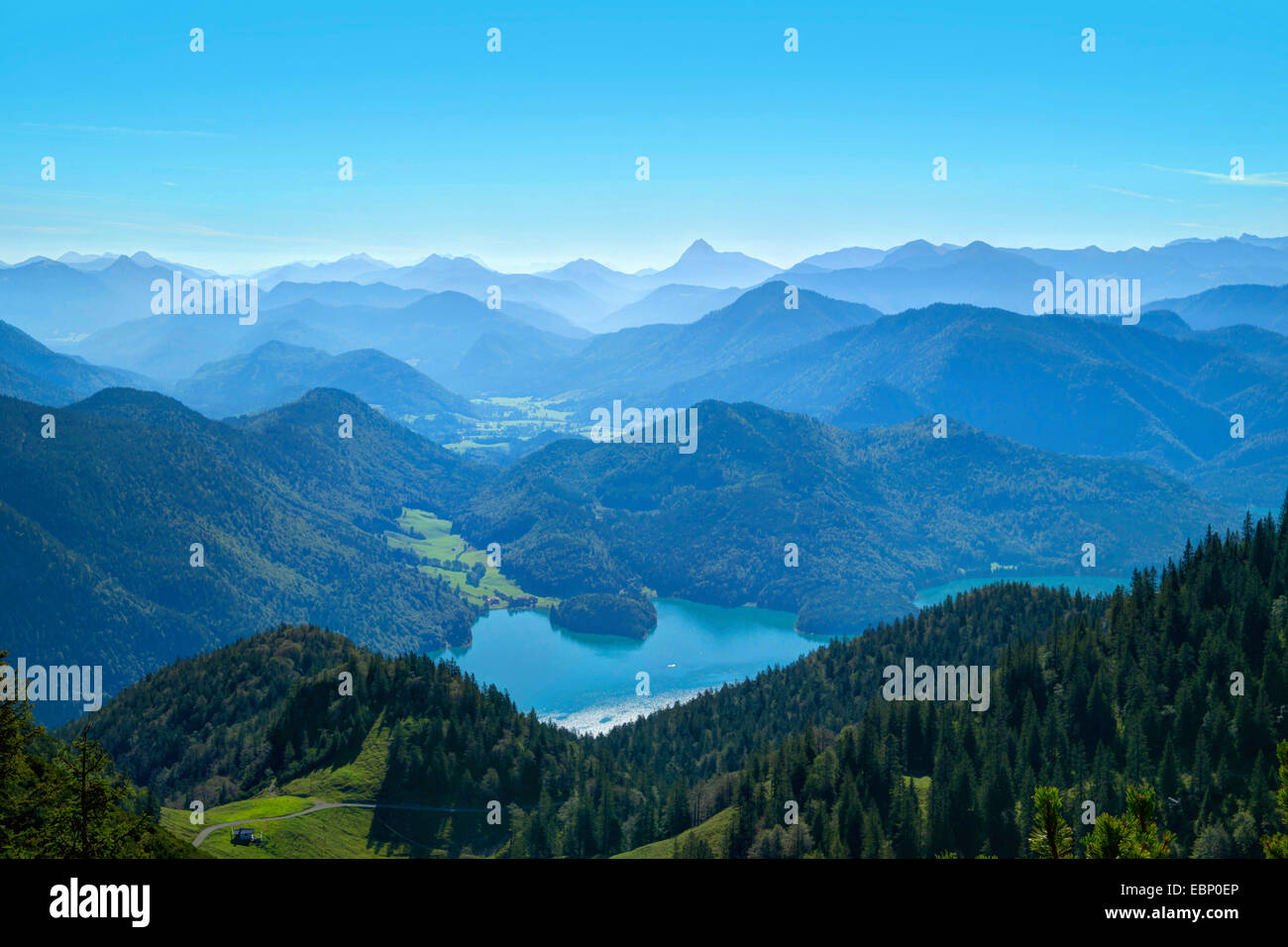 Lake Walchen, in the background left Karwendel, on the right Wetterstein mountains view from Jochberg, Germany, Bavaria Stock Photo