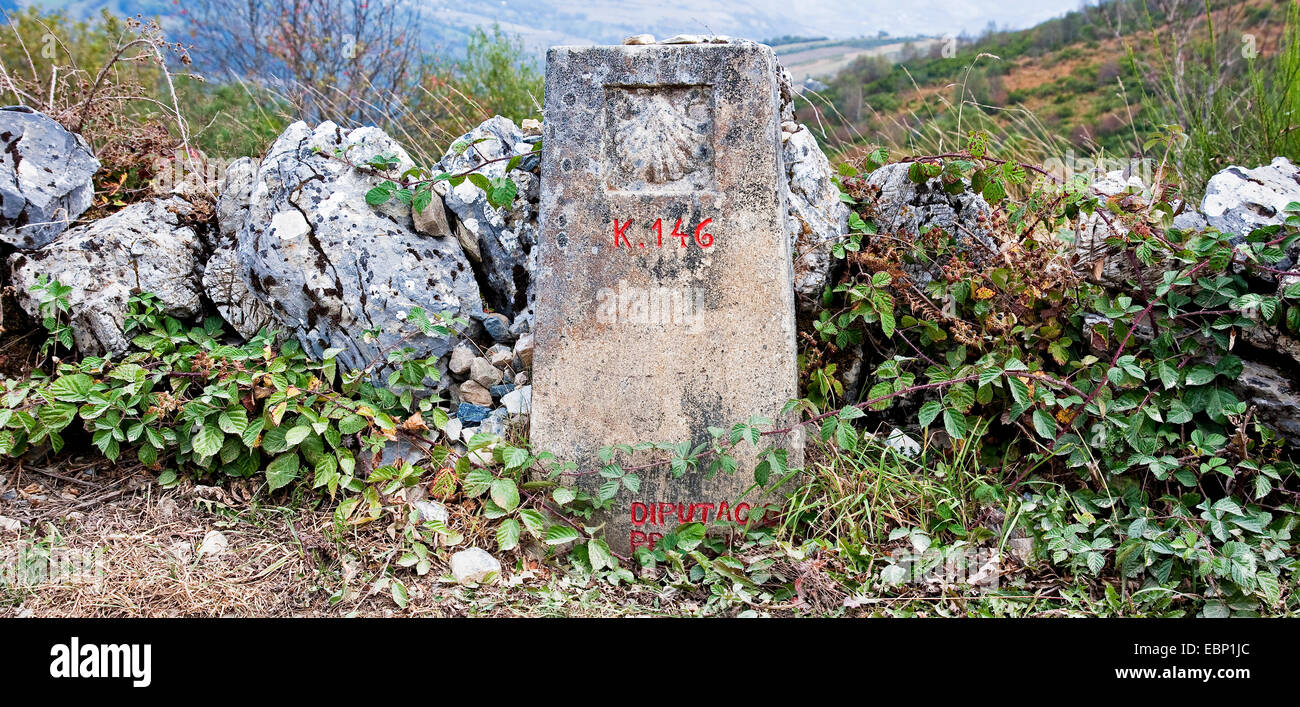 Way of St. James, top of San Roque, milestone 146, Spain, Galicia, Lugo Stock Photo