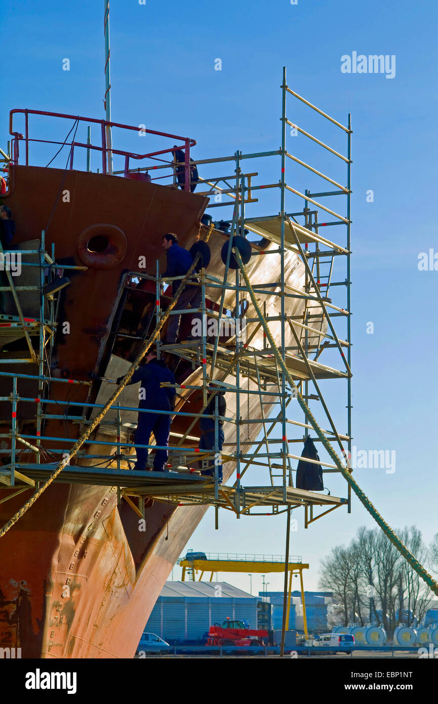 repair at the hull of Loyga freight ship , Germany, Bremerhaven Stock Photo