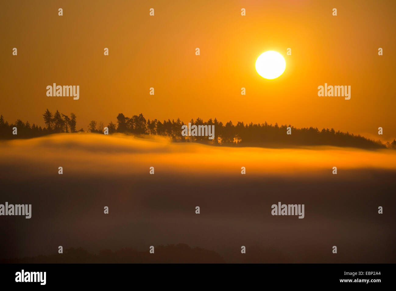 sunrise over a misty landscape in autumn, Germany, Saxony, Vogtland, Plauen Stock Photo