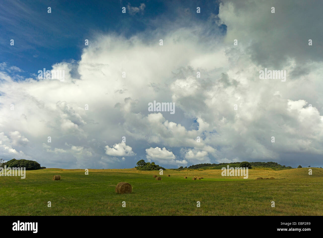 gathering clouds over field landscape, Germany, Mecklenburg-Western Pomerania, Hiddensee Stock Photo