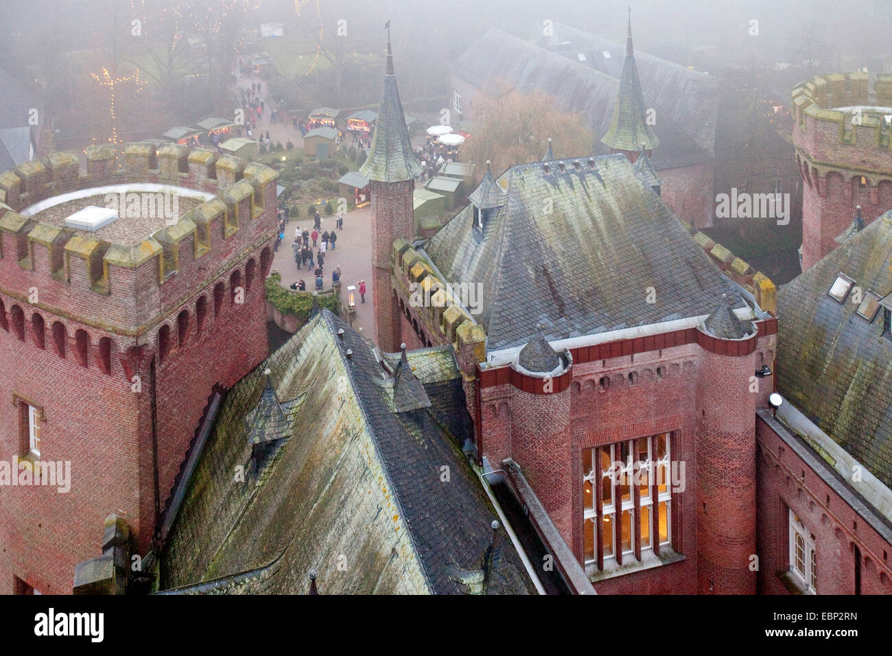 Moyland Castle in fog, Germany, North Rhine-Westphalia, Bedburg-Hau Stock Photo
